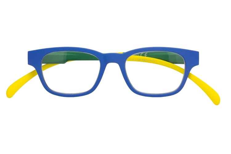 Klammeraffe Lesebrille No. 03 blue-green-yellow geschlossen Lesebrille Klammeraffe No. 03 blue-green-yellow geschlossen