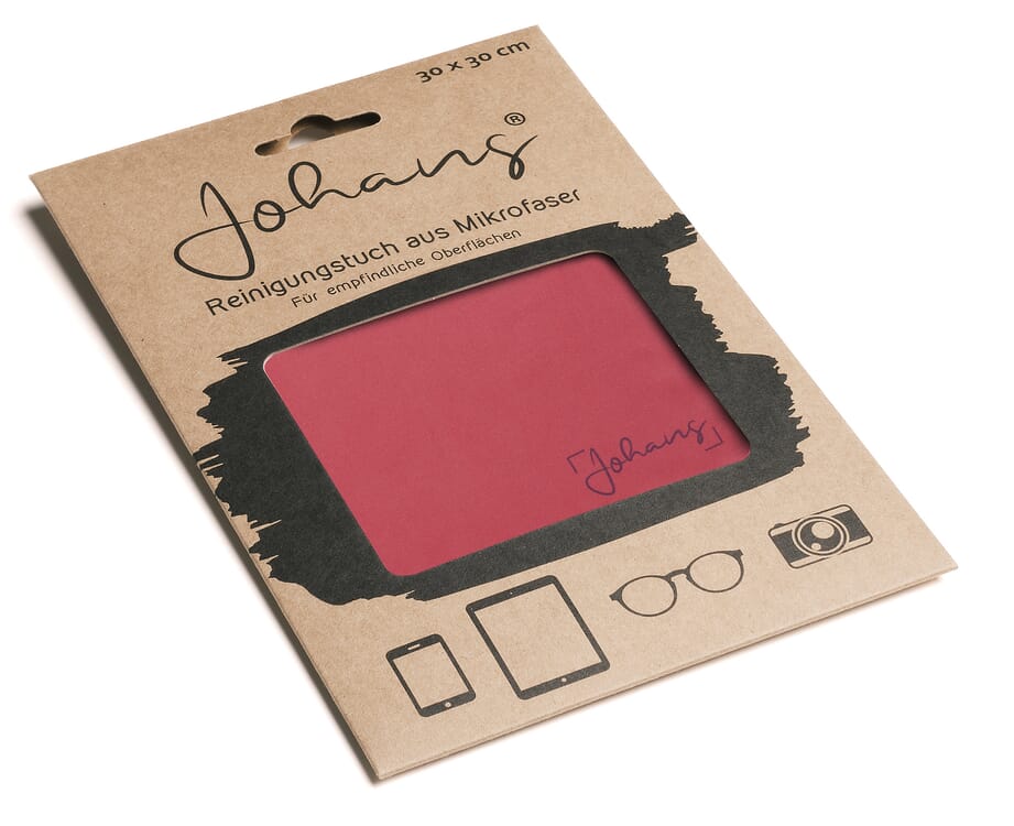 Johans_Tuch-Hibiskusrot-verpackung Brillen- und Displaytuch HIBISKUSROT