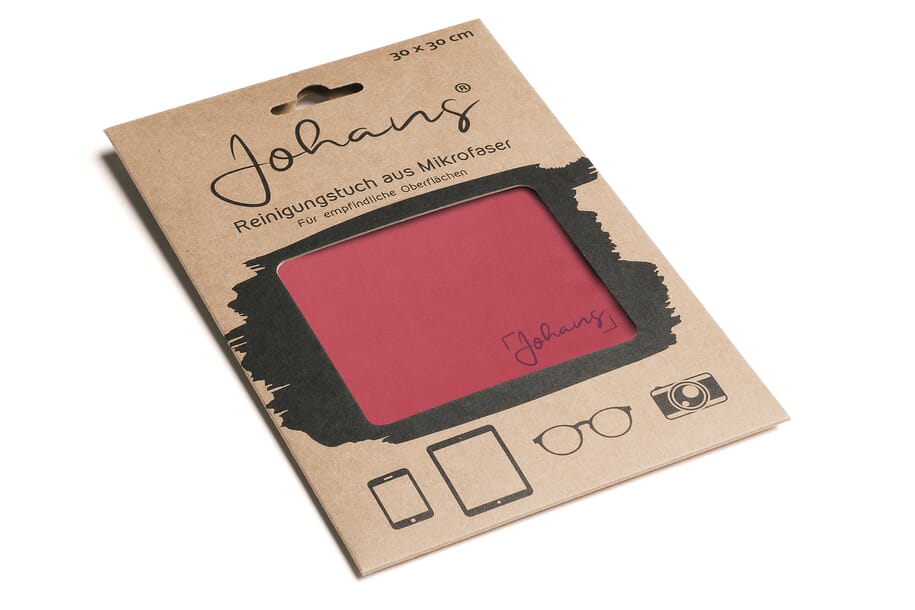 Johans_Tuch-Hibiskusrot-verpackung Brillen- und Displaytuch HIBISKUSROT